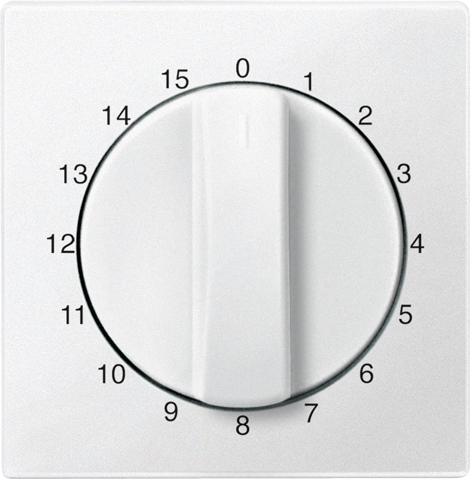 Ein weißer Drehknopf mit einer Skala von 0 bis 15, der die Position zur Steuerung anzeigt, wie z.B. auf einem Timer oder Thermostat.