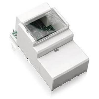 Ein weißes elektronisches Gerät mit einer transparenten Abdeckung, möglicherweise ein Steuergerät oder ein Zähler, auf weißem Hintergrund.