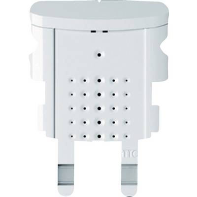 Ein weißer Netzstecker mit zwei Stiften und Lüftungsschlitzen, wahrscheinlich ein elektronisches Gerät oder Ladegerät.