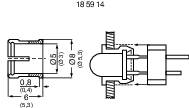 Elektrisches Diagramm einer LED-Anschlussbuchse mit Maßangaben in Millimetern für Breite, Höhe und Tiefe sowie Durchmesserangabe.