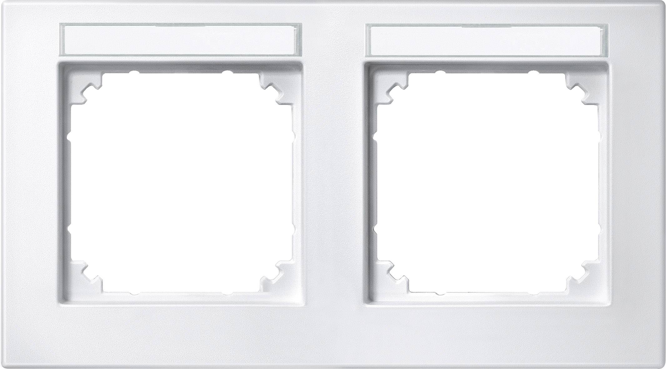 Ein rechteckiger, weißer, doppelter Steckdosenrahmen mit zwei Aussparungen zum Einbau von Schaltern oder Steckdosen.