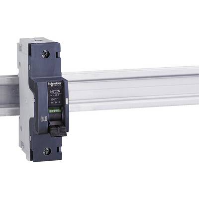 Ein schwarzer Schutzschalter der Marke Schneider Electric ist an einer Metallschiene angebracht, Modellnummer NG125N angezeigt.