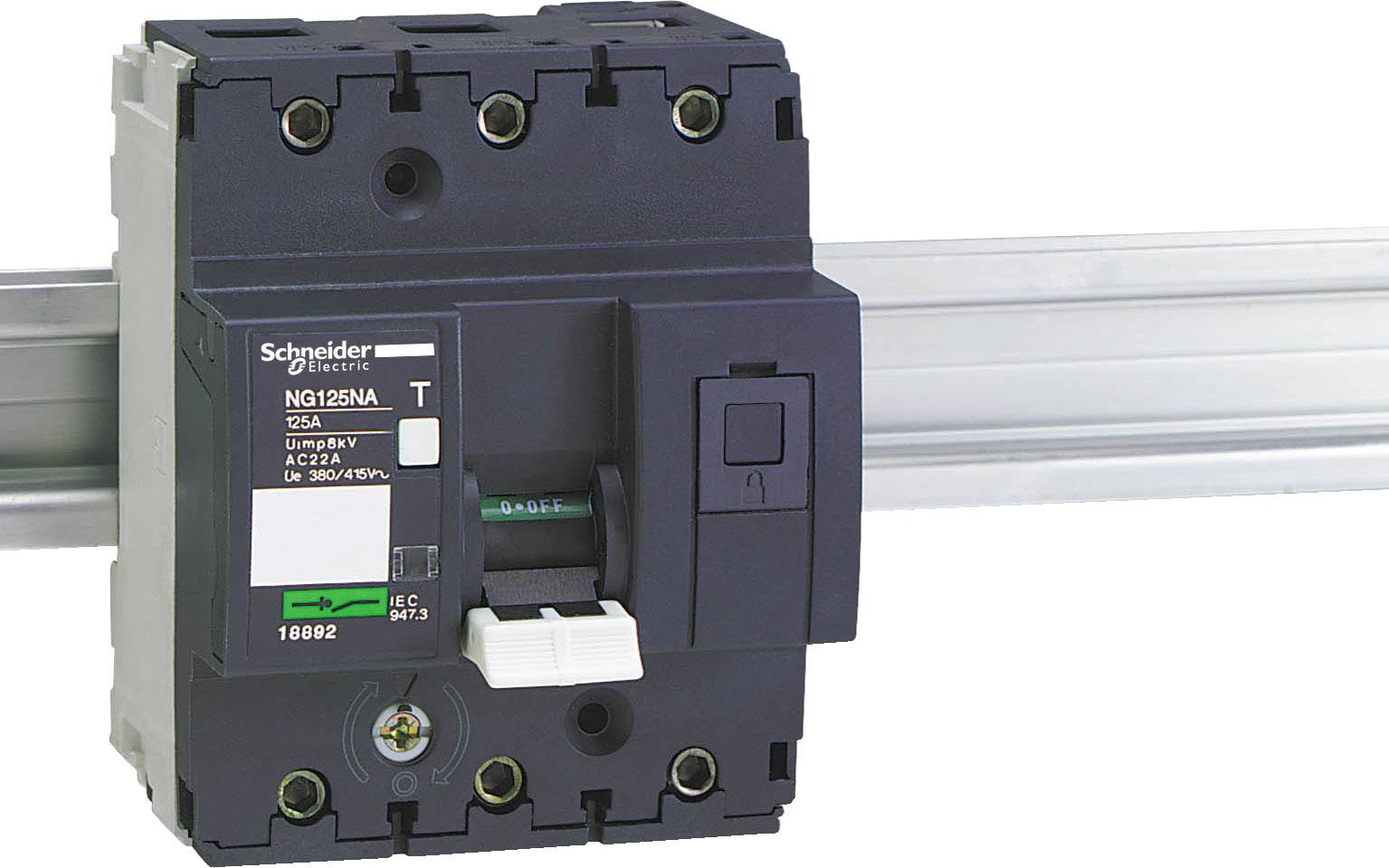 Industrieschalter in einem Gehäuse montiert, mit Spezifikationen 'Schneider Electric, 125A, Ue 690V AC, Icu 25kA'.