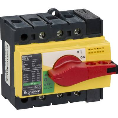 Leistungsschalter der Marke Schneider Electric, gelb-schwarz mit rotem Drehgriff. Schaltet zwischen 'ON' und 'OFF'.
