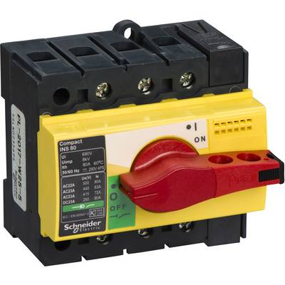 Ein gelber, elektrischer Lasttrennschalter von Schneider Electric mit rotem Griff in der Position 'ON'. Geeignet für industrielle Anwendungen.