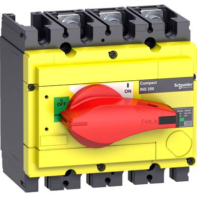 Gelber elektrischer Schalter mit rotem Hebel, beschriftet mit 'Schneider Electric' und 'Compact INS 250', zeigt 'ON/OFF'-Position.