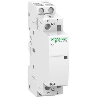 Ein Schaltrelais von Schneider Electric mit der Aufschrift 'iCT', weißen Gehäuse, 16A Nennstrom, Anschlüsse R1, A1, R2 und A2.