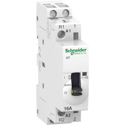 'electro-mechanischer Schalter von Schneider Electric, Modell iCT mit 16A. Weißes Gehäuse und ein schwarzer Schalter für manuelle Steuerung.'