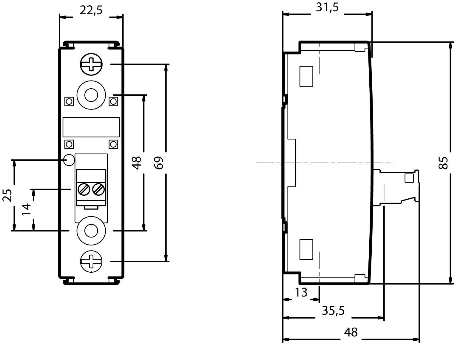 'Zeichnung eines elektrischen Bauteils mit Abmessungen: Breite 22,5 mm, Höhe 69 mm, Tiefe 31,5 mm, Gesamthöhe 85 mm.'