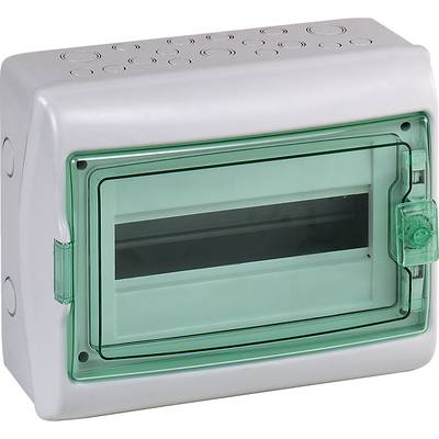 Weiße Kunststoff-Sicherungskasten mit grüner, transparenter Tür, die einen Blick auf die Innenseite ermöglicht. Geeignet für elektrische Installationen.