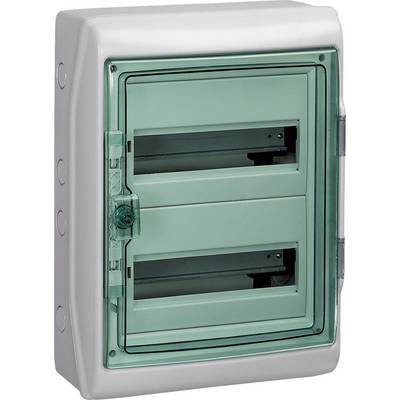 Grauer Kunststoff-Wandschrank mit transparente Tür, geeignet zur Unterbringung von elektronischen Komponenten oder Sicherungskästen.