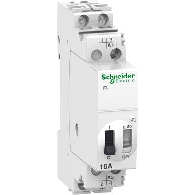 Ein weißer elektrischer Schalter von Schneider Electric mit einem Hebel, der die Positionen 'I' und 'O' anzeigt. 16 Ampere Kapazität.
