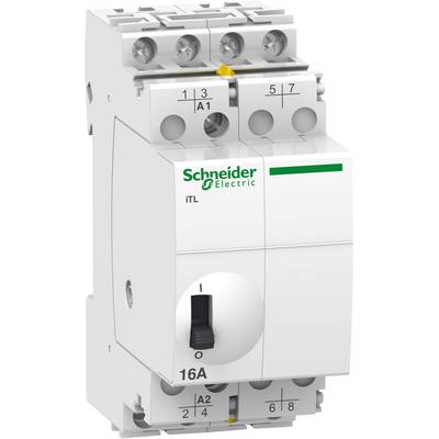 Ein elektrischer Schutzschalter von Schneider Electric mit einem Kippschalter und den Nummern 1, 3, 5, 7, A1, A2.