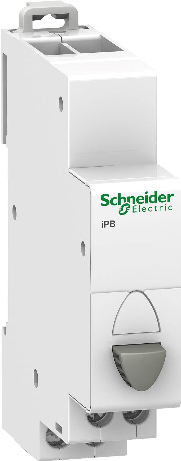 Ein weißer elektrischer Schutzschalter mit grünem 'Schneider Electric'-Logo an der Seite.