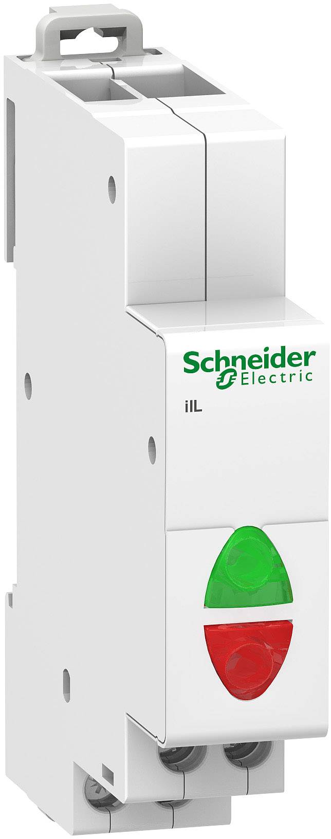 Ein weißer kompakter Schalter von Schneider Electric mit grünem und rotem Kontrolllicht.