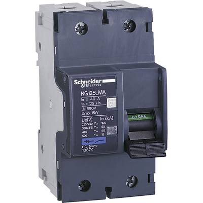 Ein Leistungsschalter von Schneider Electric, Modell NG125LMA. Geeignet für 40 A, mit einer Spannung von 690 V und einer Stromeinschaltkapazität von 8 kV.