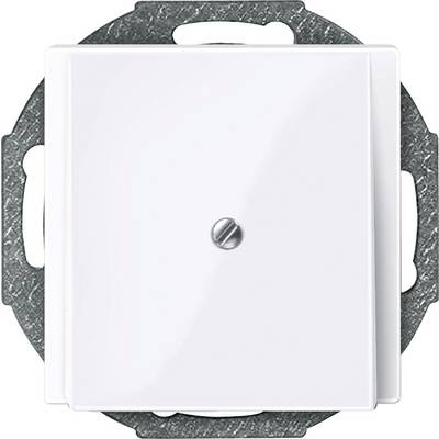 Einfacher, weißer Lichtschalter in quadratischem Design, montiert auf Metallrahmen.