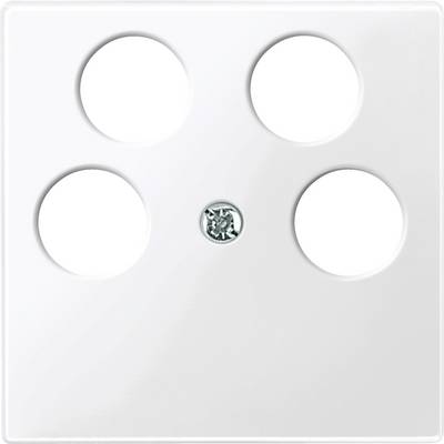 Vier weiße, kreisförmige Elemente auf einem weißen Hintergrund, symmetrisch um eine zentrale silberne Schraube angeordnet.