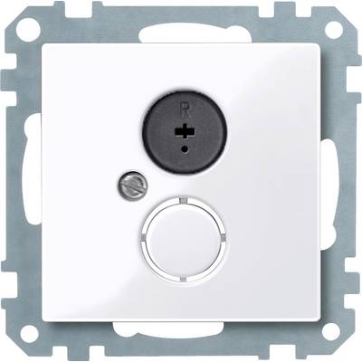 Ein weißer Lichtdimmer mit Rundregler in der Mitte, einem kleinen schwarzen Knopf mit 'R' darüber und einem kleinen Schalter links daneben.