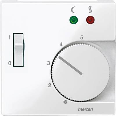 Ein weißer Thermostat mit einem Drehknopf. Links ist ein Ein-Aus-Schalter, oben sind eine grüne und eine rote Kontrollleuchte.