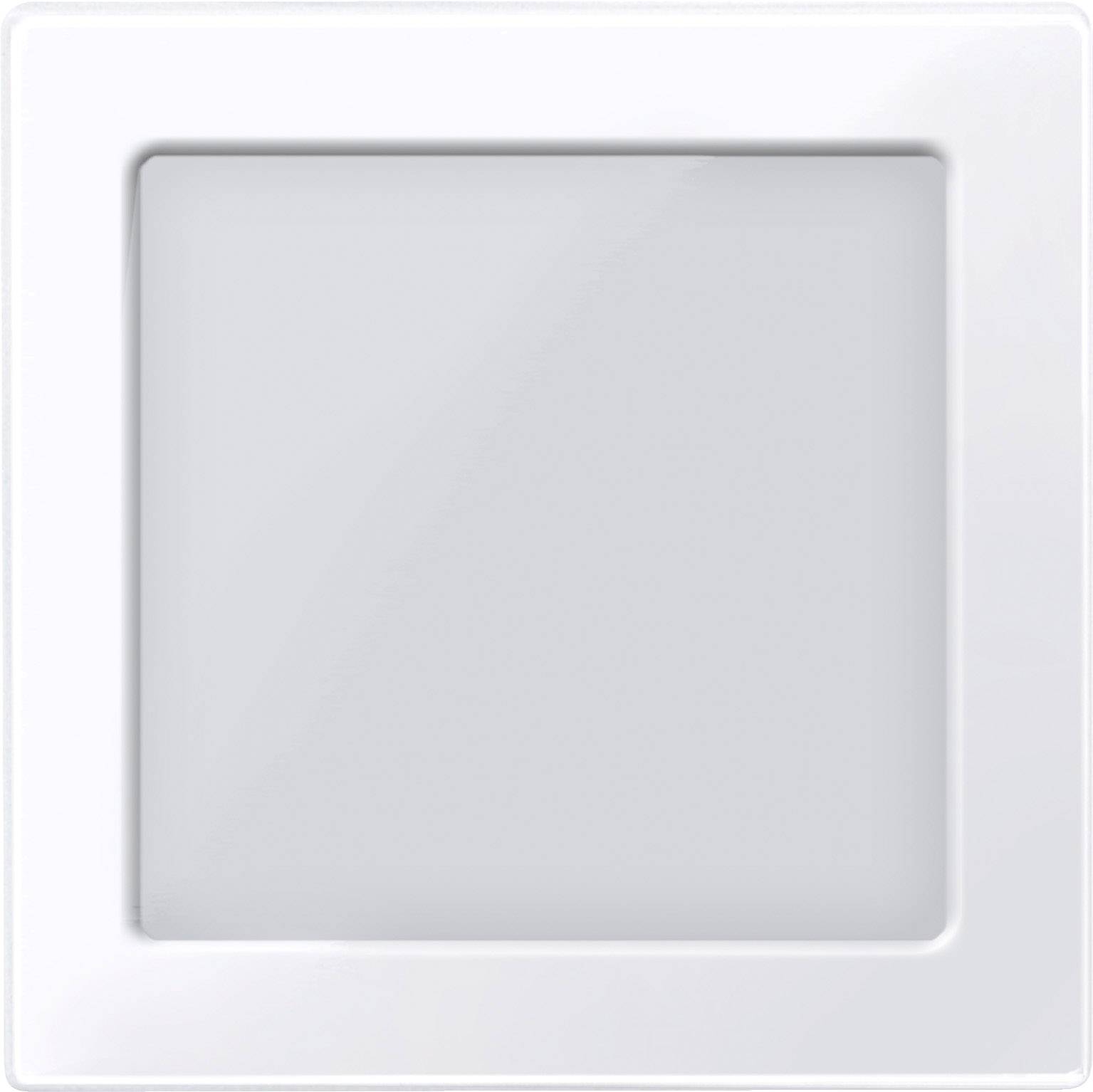Weiße quadratische Lichtschalter-Abdeckung aus Kunststoff mit glatter Oberfläche.