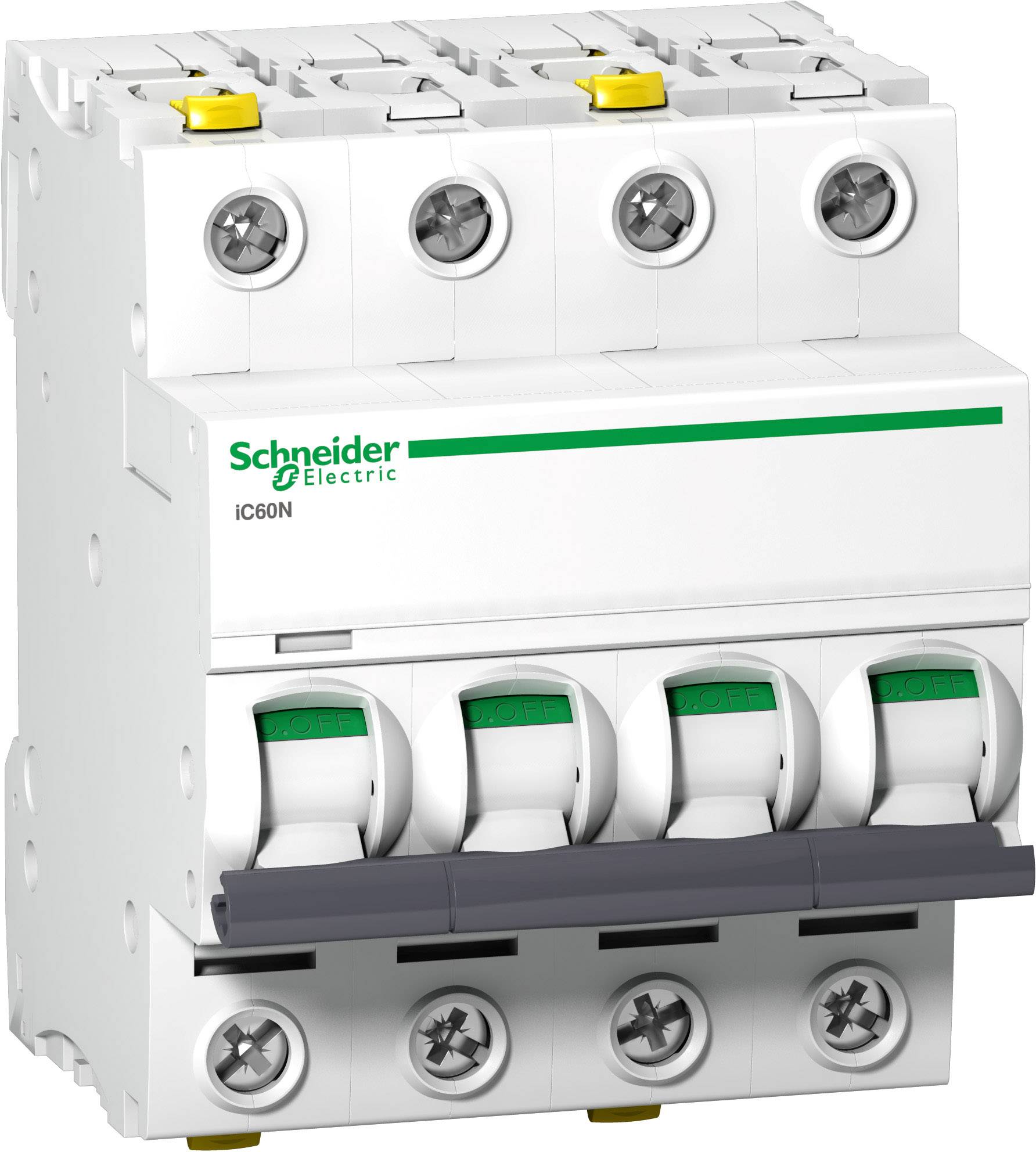 Elektrischer Leistungsschalter von Schneider Electric, Typ iC60N, mit vier Schaltern, verwendet zur Stromkreisunterbrechung.