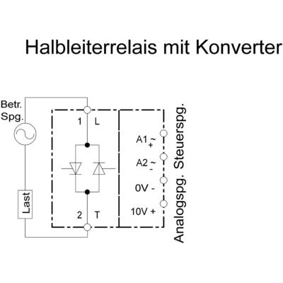 'Diagramm eines Halbleiterrelais mit Konverter. Enthält Eingabe- und Ausgabeklemmen für Steuer- und Betriebsspannung.'