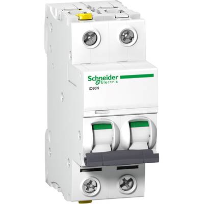Ein zweipoliger Leitungsschutzschalter von Schneider Electric, Modell 'iC60N', für elektrische Installationen.