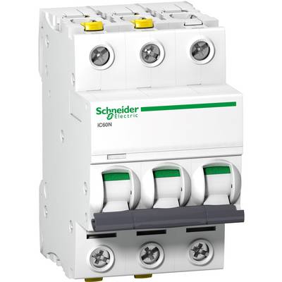 Ein dreipoliger Leitungsschutzschalter der Marke Schneider Electric iC60N, mit grau-gelben Schaltern und weißen Gehäuseanschlüssen.