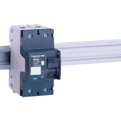 Ein schwarzer elektrischer Leistungsschalter auf einer Metallschiene, mit "Schneider Electric" beschriftet, zeigt 40A bei 600V an.