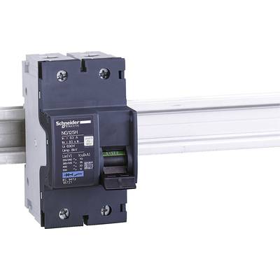 Ein Leistungsschalter von Schneider Electric ist auf einer Metallschiene montiert. Dieser Schalter schützt elektrische Systeme vor Überlast.<br><br>