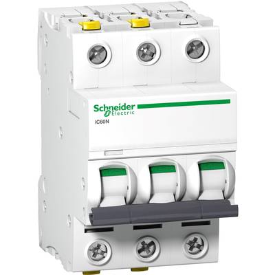 Ein dreipoliger Leistungsschalter von Schneider Electric, Typ iC60N, zur Absicherung und Trennung elektrischer Stromkreise.