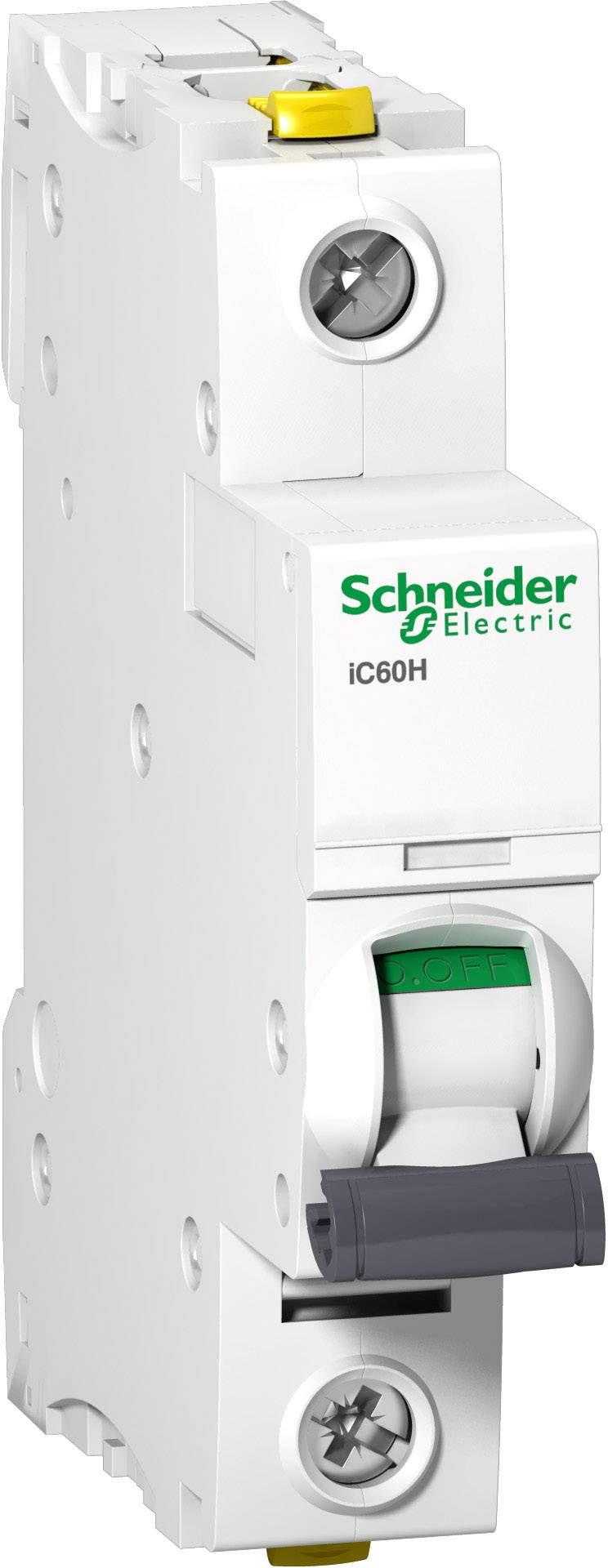 Ein weißer Schutzschalter mit einem Kippschalter, darauf das grüne Logo von Schneider Electric und die Aufschrift 'iC60H'.