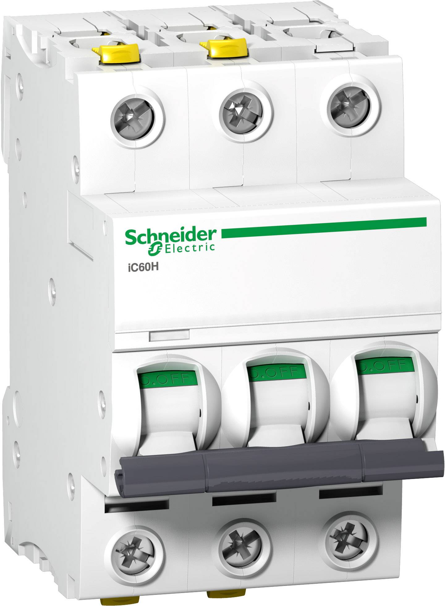 Ein dreipoliger Schutzschalter von Schneider Electric, Modell 'iC60H', in einer Nahaufnahme.