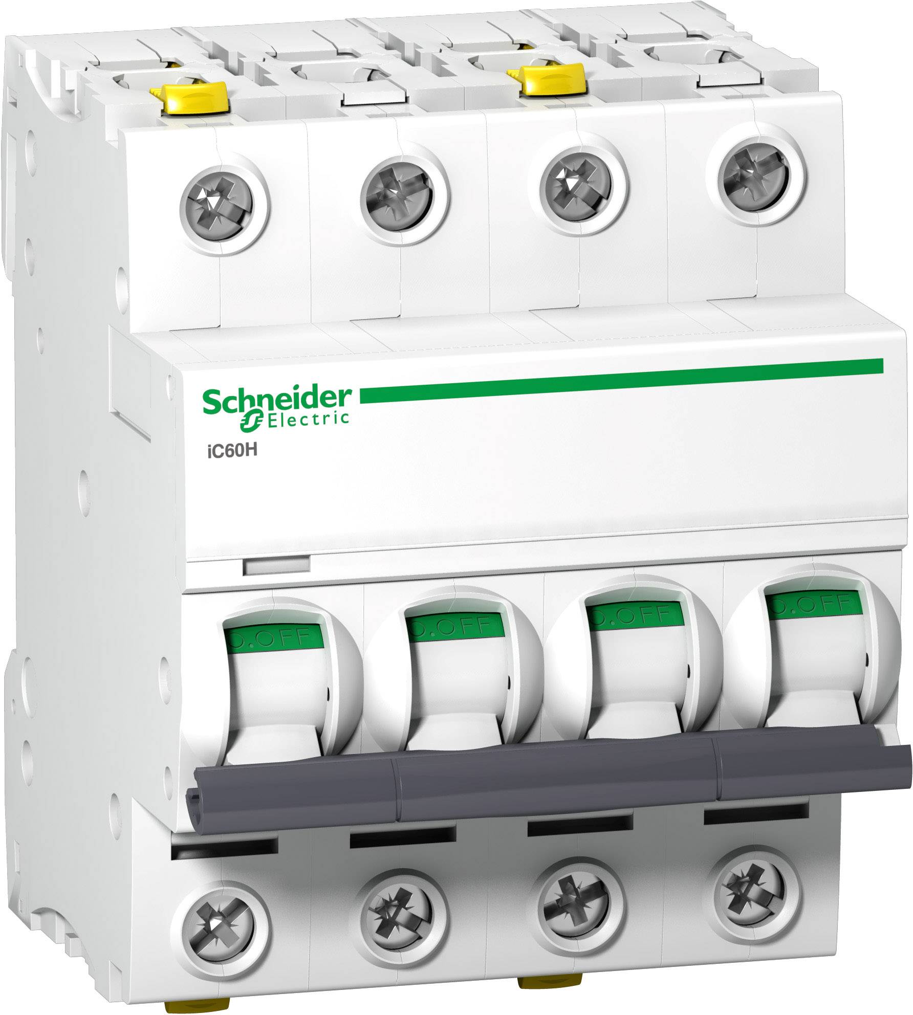 Ein vierpoliger Schutzschalter von Schneider Electric mit der Aufschrift 'iC60H'. Oberhalb befinden sich Schraubklemmen, darunter Kippschalter.