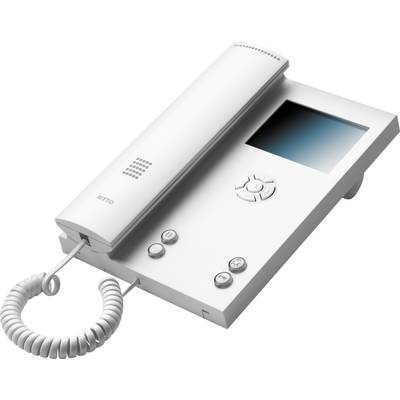 Ein weißes Tischtelefon mit Hörer, quadratischem Display und mehreren Tasten. Das Spiralkabel verbindet den Hörer mit dem Gerät.