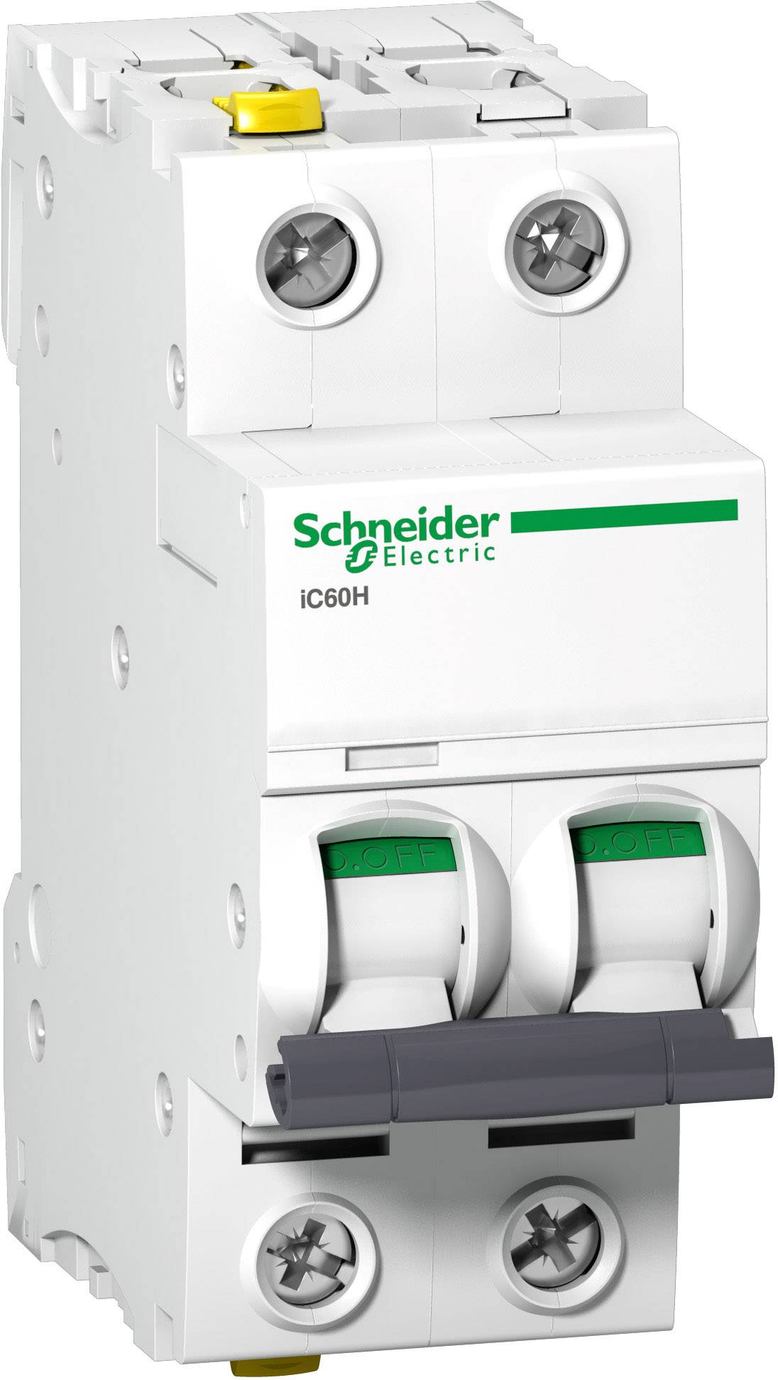 Ein weißer Leistungsschalter von Schneider Electric mit zwei Kippschaltern. Hauptsächlich zur Steuerung elektrischer Kreisläufe verwendet.