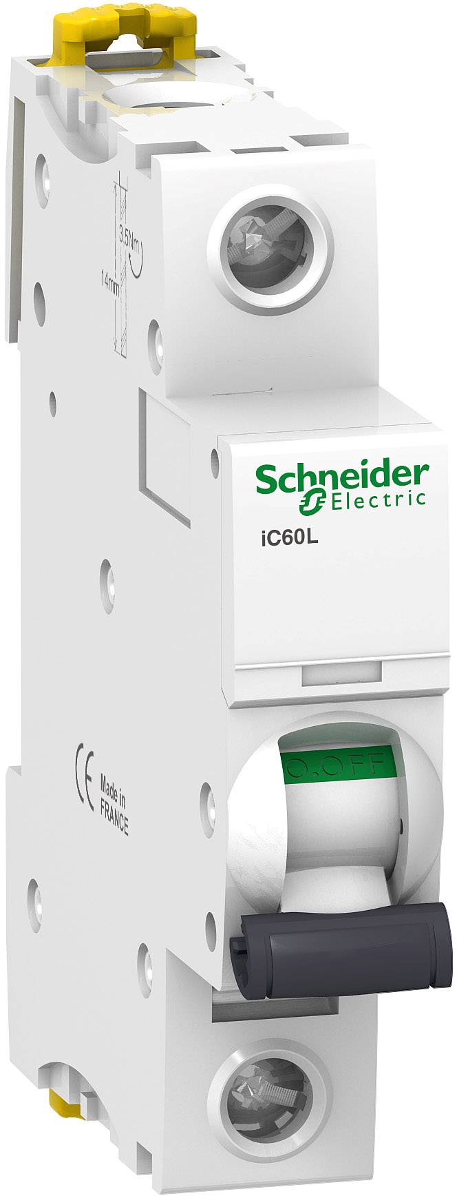 Ein weißer Leitungsschutzschalter von Schneider Electric, Modell iC60L, zur elektrischen Schaltung und Sicherung in Installationen.