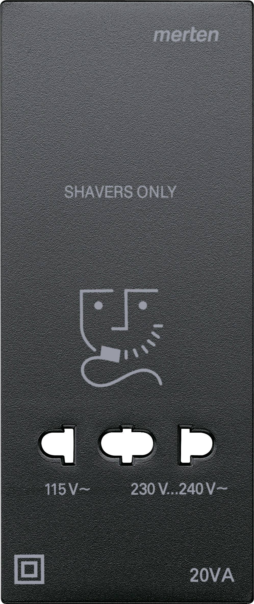 'Elektrische Steckdose für Rasierer, mit Symbol, markiert mit "SHAVERS ONLY", Spannung von 115 V~ bis 230-240 V~, 20 VA.'