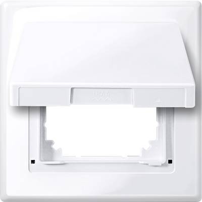 Ein weißer, quadratischer Schutzsteckdosenrahmen mit einer Klappe, gekennzeichnet mit 'IP44', geeignet für feuchte Umgebungen.