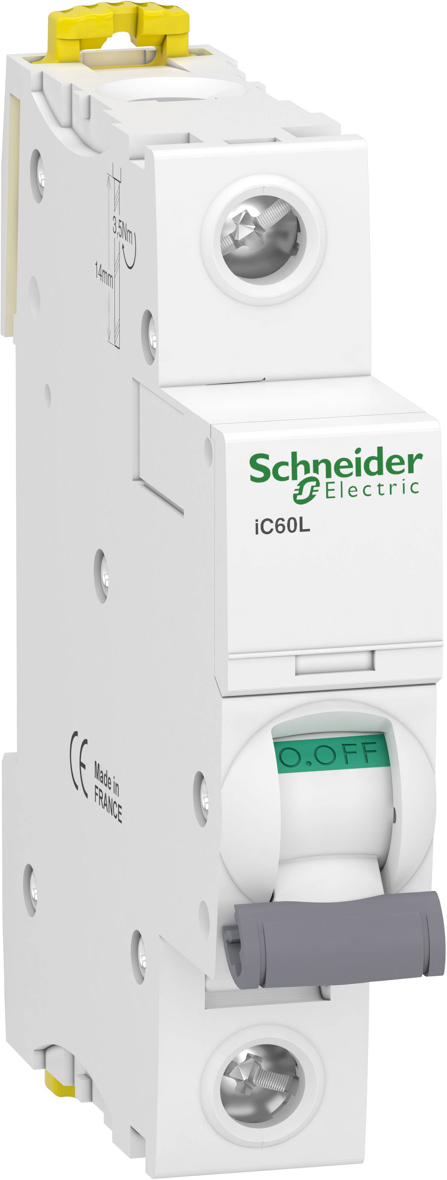 Ein weißer, einpoliger Schutzschalter von Schneider Electric mit der Aufschrift 'iC60L'. Der Schalter ist in der 'OFF'-Position.