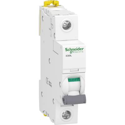 Ein weißer, einpoliger Schutzschalter von Schneider Electric mit der Aufschrift 'iC60L'. Der Schalter ist in der 'OFF'-Position.
