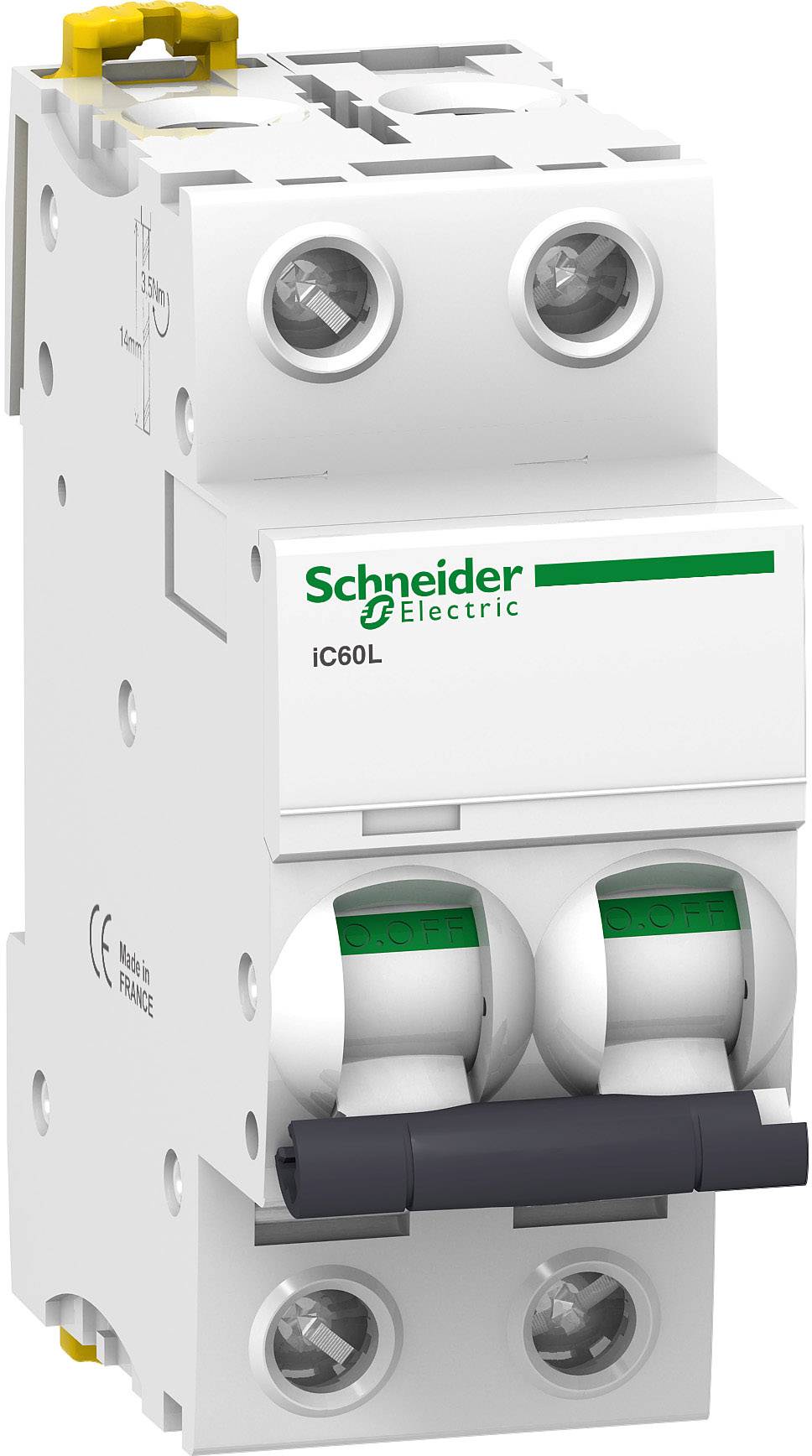 Leitungsschutzschalter der Marke Schneider Electric, Modell iC60L, in einer doppeltorigen Ausführung; schützt elektrische Kreisläufe.