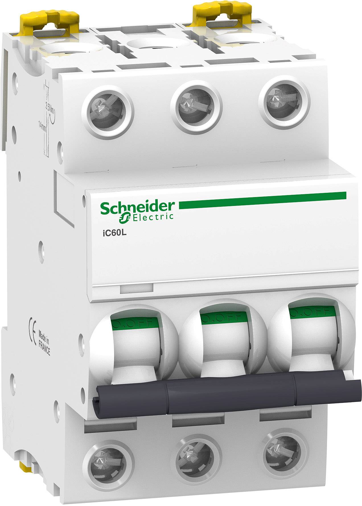Leistungsschalter von Schneider Electric, Modell iC60L, dreipolig, mit Kippschaltungen, geeignet für elektrische Sicherheit in Gebäuden.
