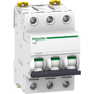Leistungsschalter von Schneider Electric, Modell iC60L, dreipolig, mit Kippschaltungen, geeignet für elektrische Sicherheit in Gebäuden.