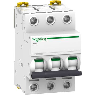 Ein dreipoliger Leitungsschutzschalter von Schneider Electric, Modell iC60L, mit Kippschalter. Verwendet in elektrischen Schaltkreisen zur Überstromsicherung.