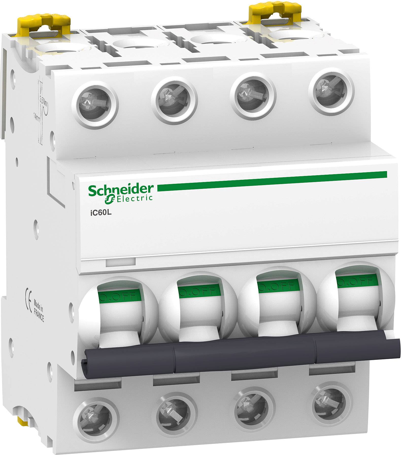 'Leistungsschalter von Schneider Electric, Modell iC60L mit vier Schaltern, geeignet für industrielle Anwendungen.'