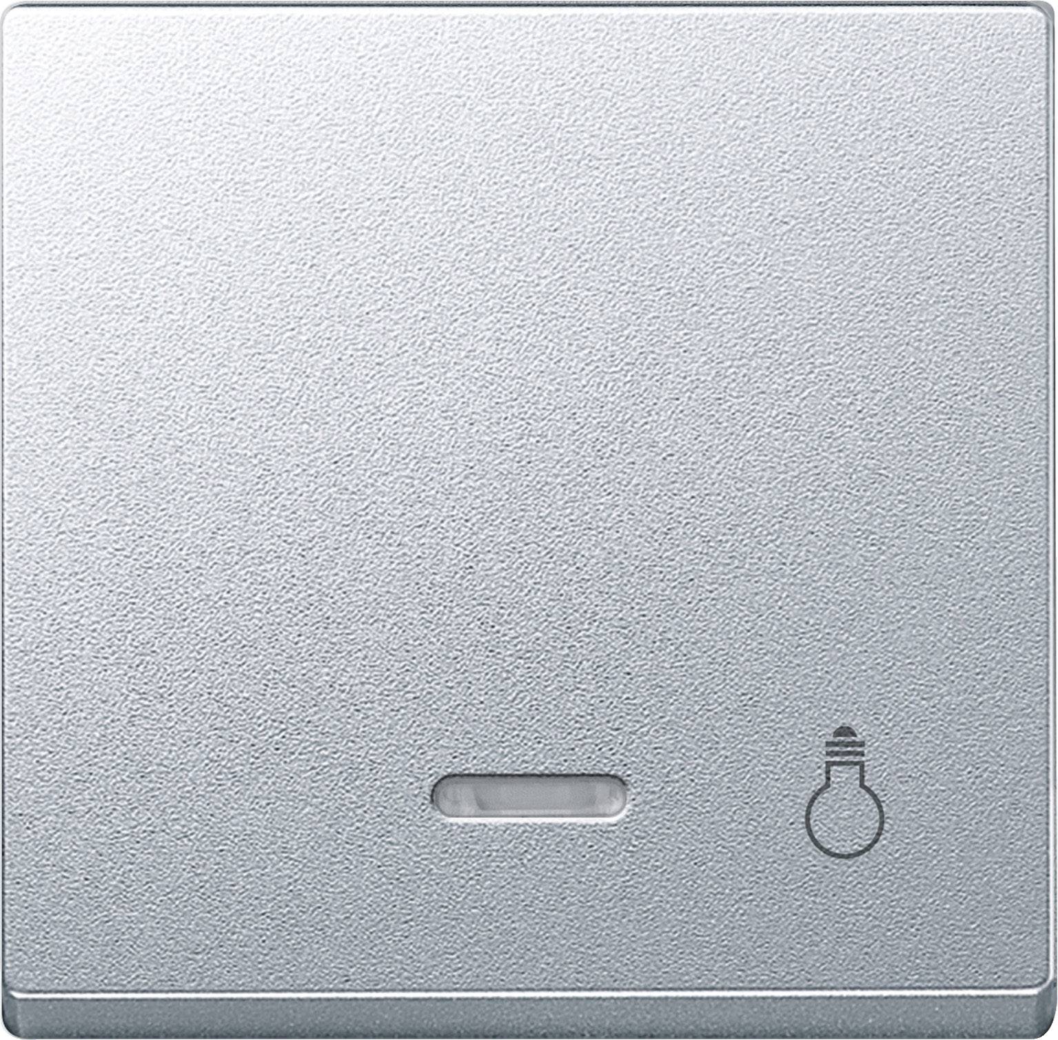 Lichtschalter aus Metall mit kleinem Glühbirnensymbol unten rechts.