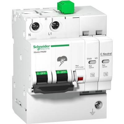Ein dreipoliger Sicherungsautomat von Schneider Electric, Modell 'iQuick PRD8r', mit grüner Testtaste oben und Beschriftungen an der Vorderseite.