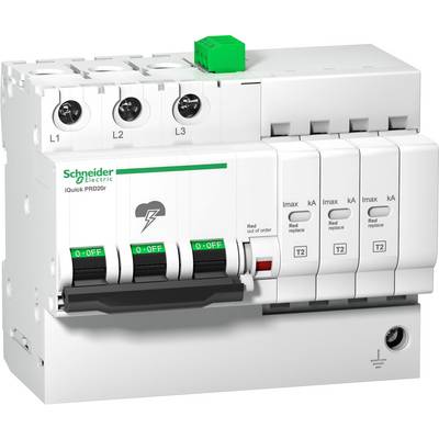 Ein weißer elektrischer Überspannungsschutzschalter der Marke Schneider Electric mit grünen Schaltern und schwarzen Beschriftungen.